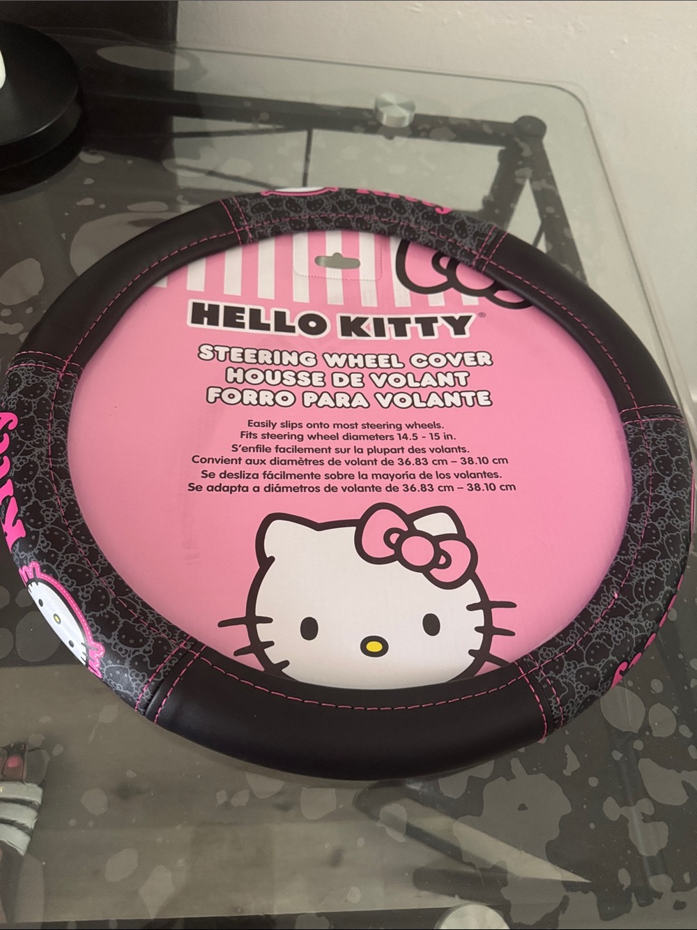 Hello Kitty Pink and Black Steering Wheel Cover with Bow Accents